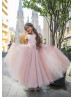 Pink Floral Appliques Tulle Romantic Flower Girl Dress